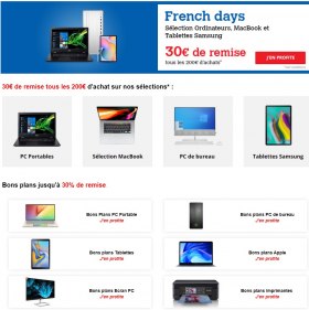 French Days Darty : 30€ de réduction tous les 200€ d&#039;achat sur une sélection de PC Portables, MacBook, PC de bureau et Tablettes Samsung